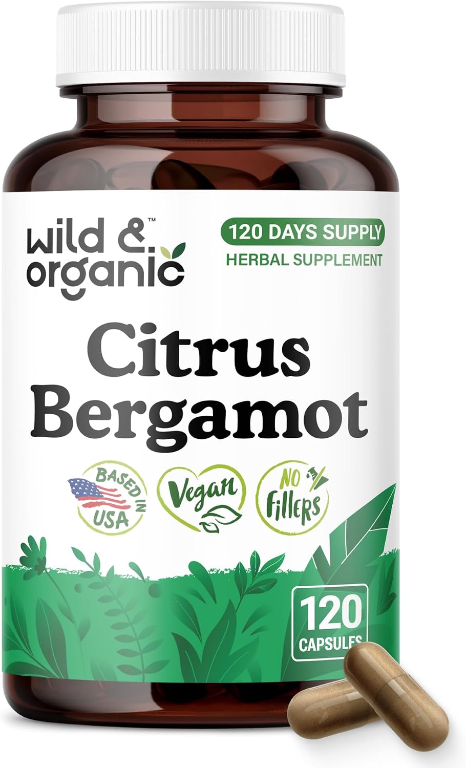Wild & Organic Cápsulas de Bergamota Cítrica - Antioxidante y Apoyo General - Extracto de Citrus Bergamia - Vegano, Sin Rellenos, No OGM - 120 Cápsulas