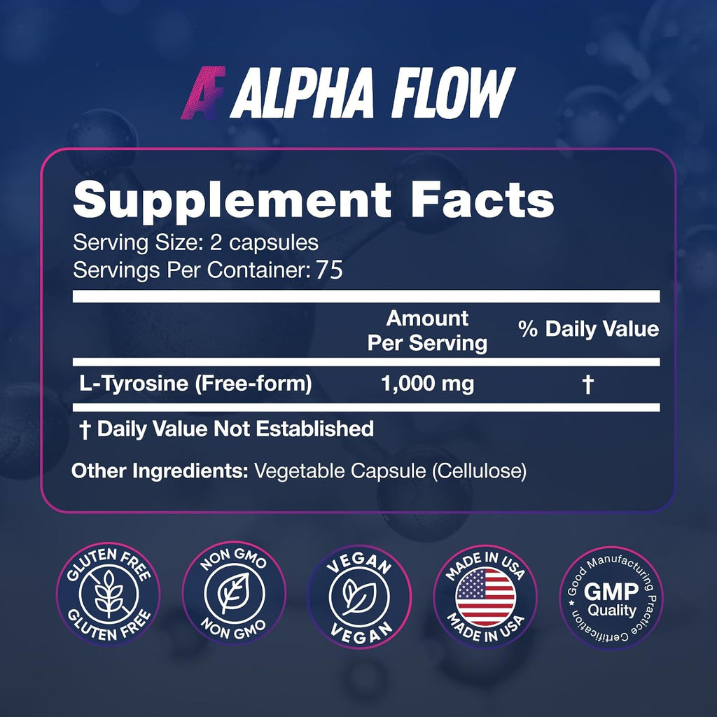 Alpha Flow L-Tirosina 1000 mg Cápsulas Veganas - Pack de 2 (300 Cápsulas)