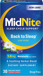 MidNite Back to Sleep Baja Dosis, Melatonina 1.5 mg, Ayuda para Dormir, 30 Comprimidos de Fusión Rápida