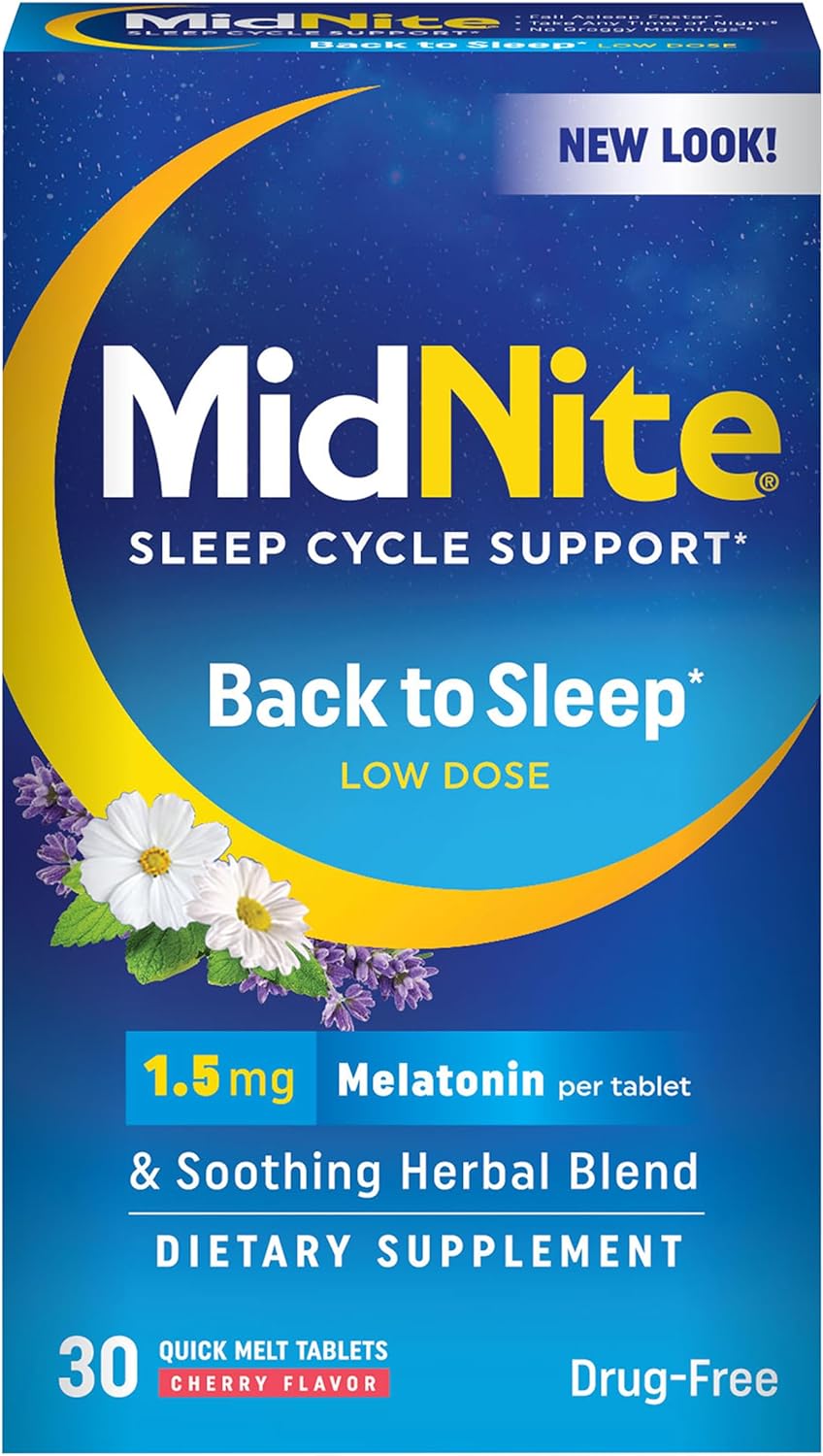 MidNite Back to Sleep Baja Dosis, Melatonina 1.5 mg, Ayuda para Dormir, 30 Comprimidos de Fusión Rápida