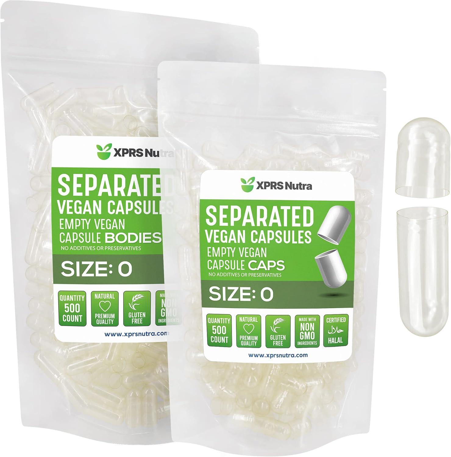 XPRS Nutra Cápsulas Veganas Tamaño 0 Separadas - 500 unidades Premium para Relleno de Suplementos