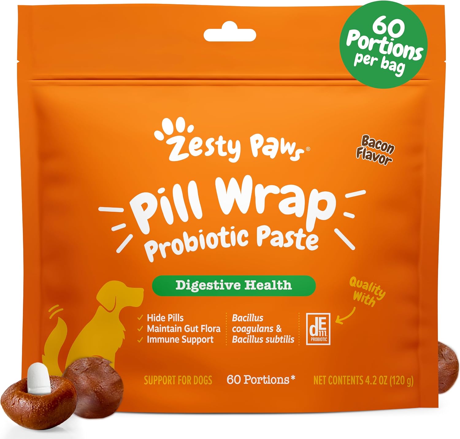 Zesty Paws Pasta de Probióticos para Perros – Sabor a Bacon – con Bacillus subtilis DE111 – 4.2 oz (60 porciones)