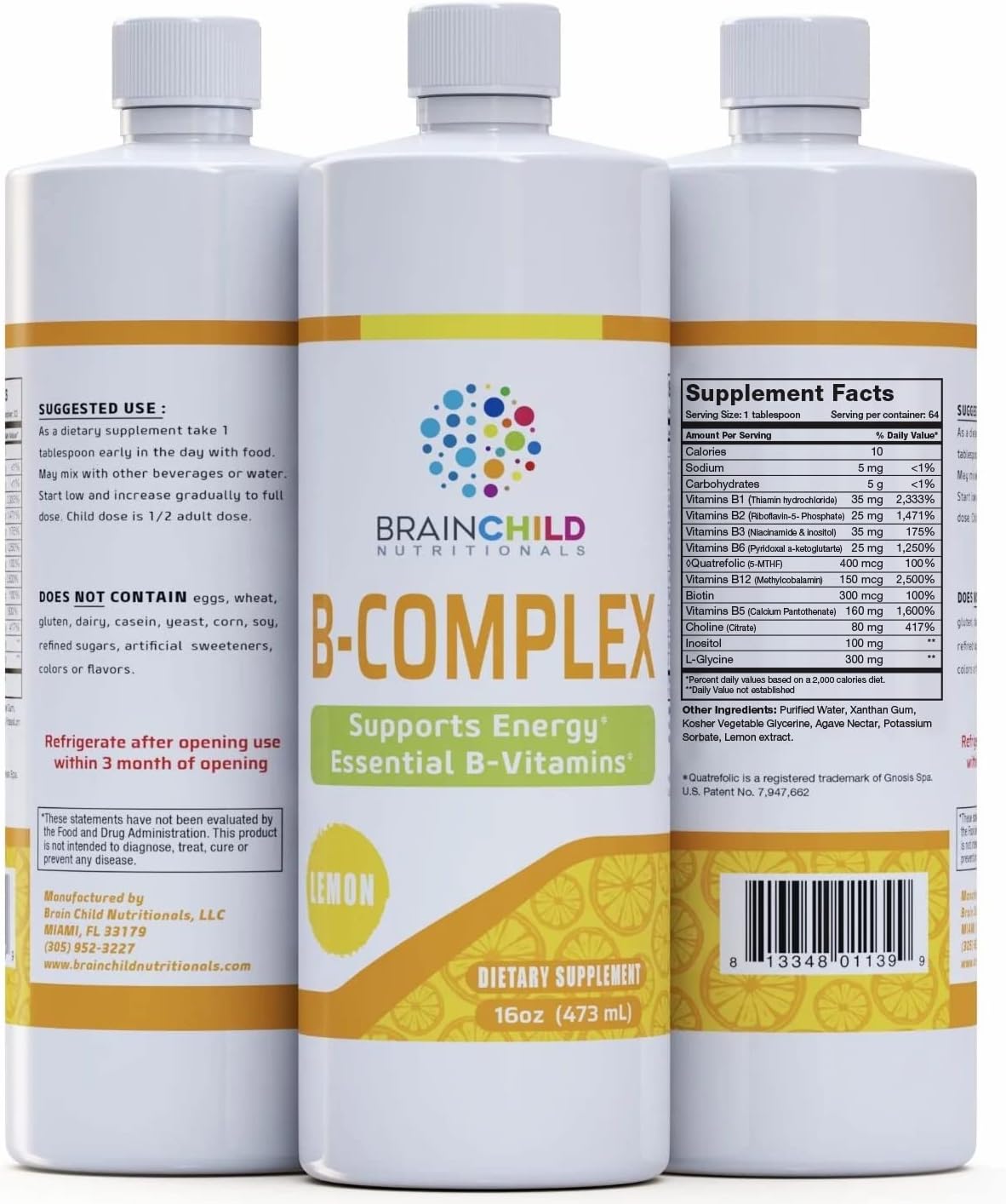 BrainChild B-Complex Líquido - Vitaminas B Metiladas de Alta Potencia para Energía, Estrés y Estado de Ánimo, Sin OGM, Vegano, Sin Gluten, Limón - 473 ml