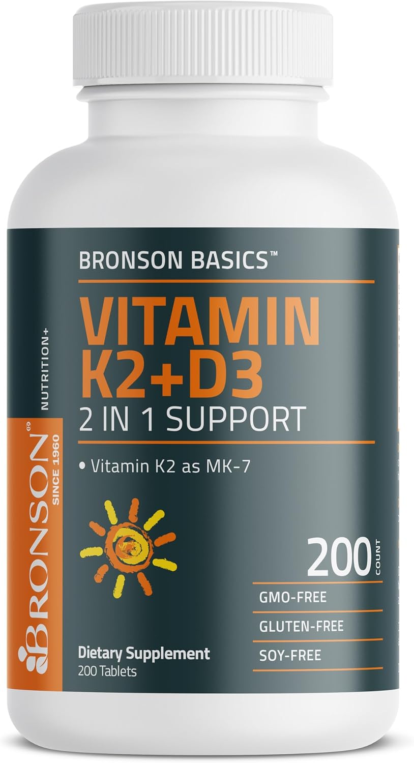 Bronson Vitamina K2 D3 (MK7) Complemento Alimenticio - 5000 UI de Vitamina D3 y 90 mcg de K2 MK-7, 200 Comprimidos