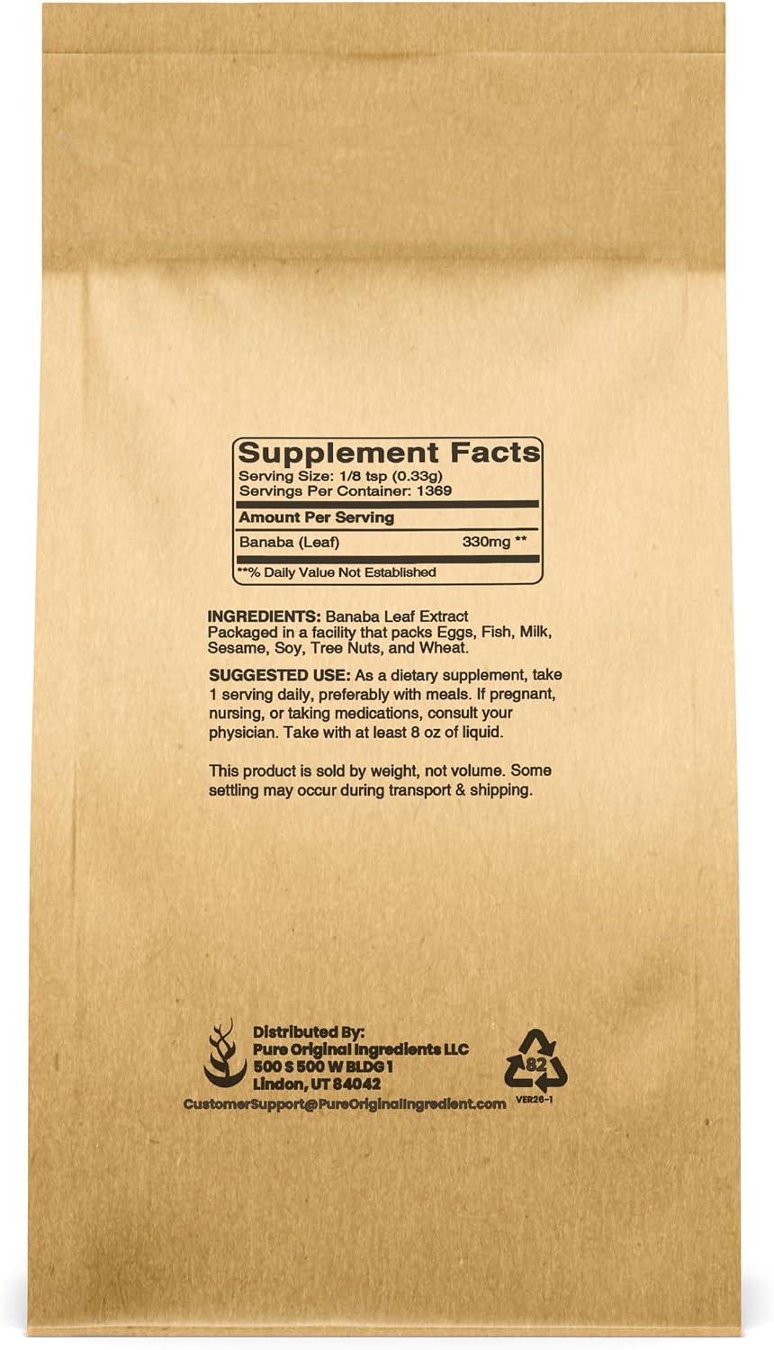 PURE ORIGINAL INGREDIENTS Banaba Leaf Powder (1 lb) Siempre Puro, Sin Rellenos ni Aditivos, No GMO
