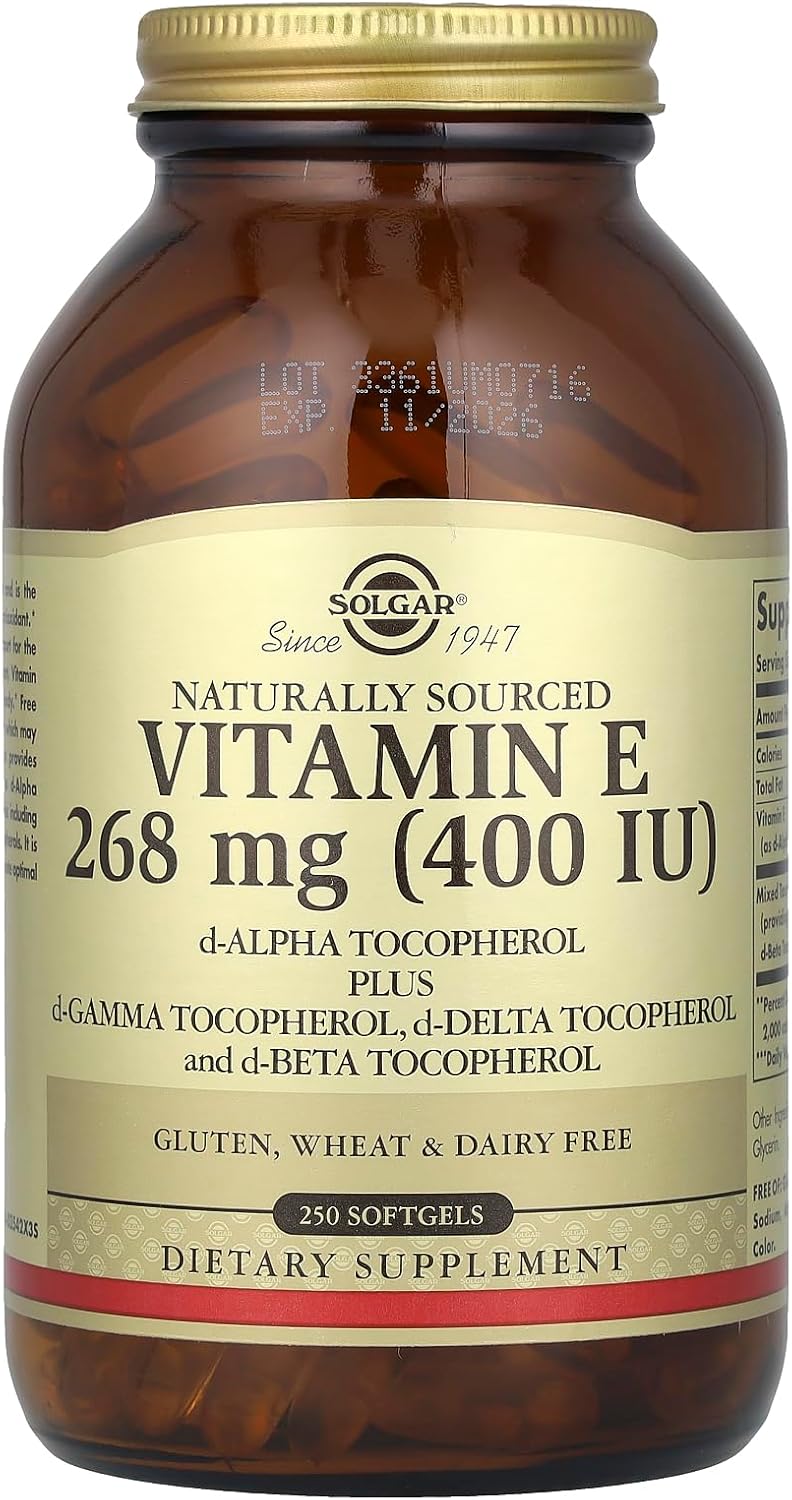 Solgar Vitamina E, d-Alfa Tocoferol más d-Gamma, d-Delta y d-Beta Tocoferol, 268 mg (400 UI), 250 Cápsulas Blandas