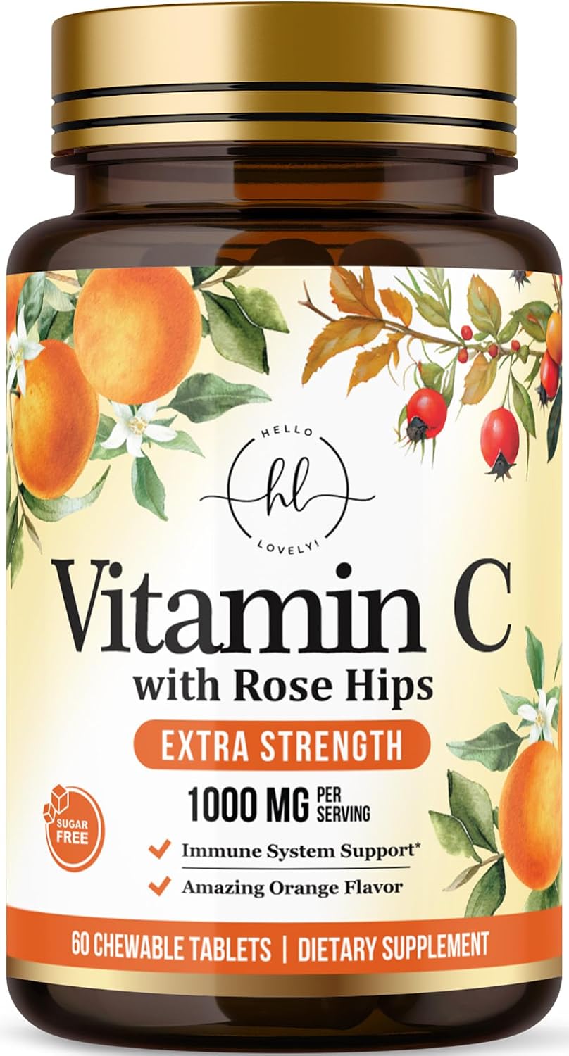 Vitamina C 1000mg con Escaramujo y Bioflavonoides - Suplemento Masticable Sin Azúcar - 60 Comprimidos