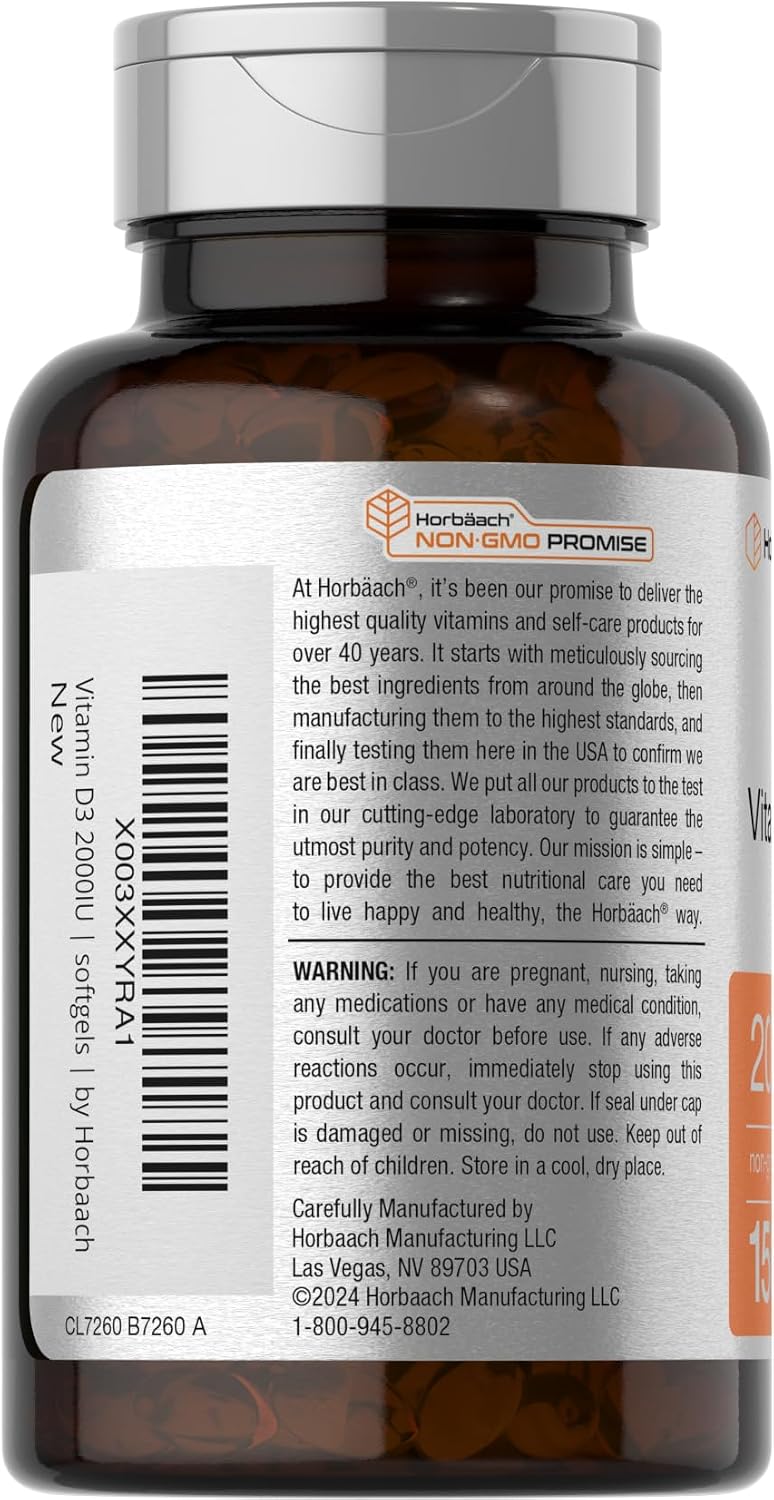 Horbaach Vitamina D3 2000 UI Cápsulas Blandas | 150 Unidades | 50 mcg Colecalciferol | No Transgénico y Sin Gluten