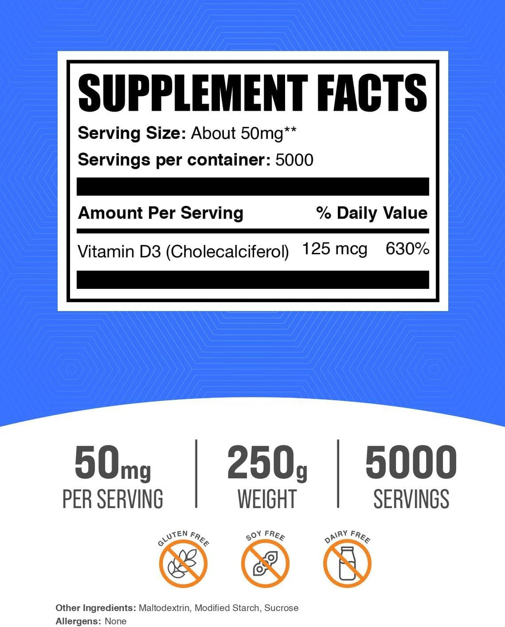 BulkSupplements Vitamina D3 en Polvo 5000 UI, 250 g