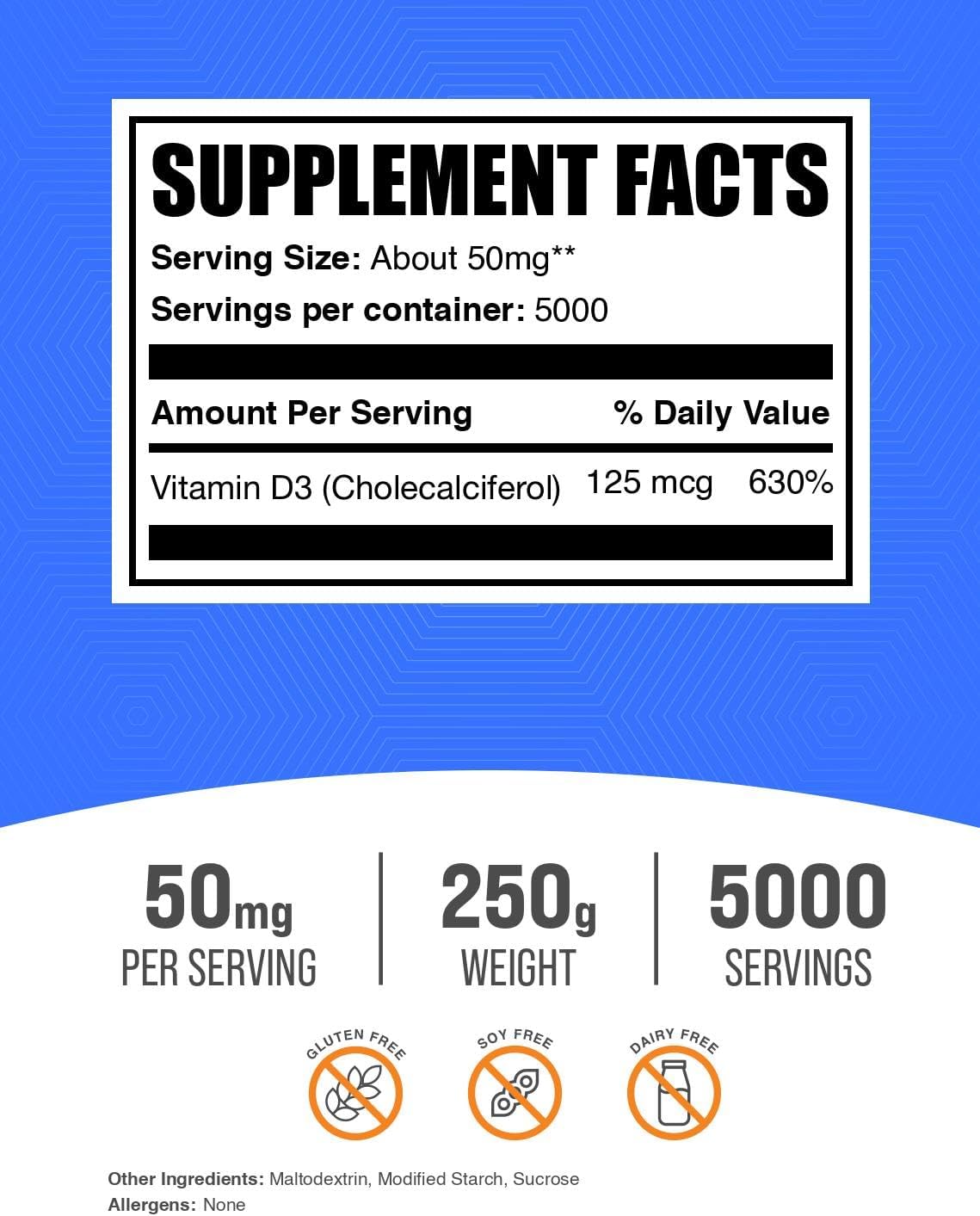 BulkSupplements Vitamina D3 en Polvo 5000 UI, 250 g