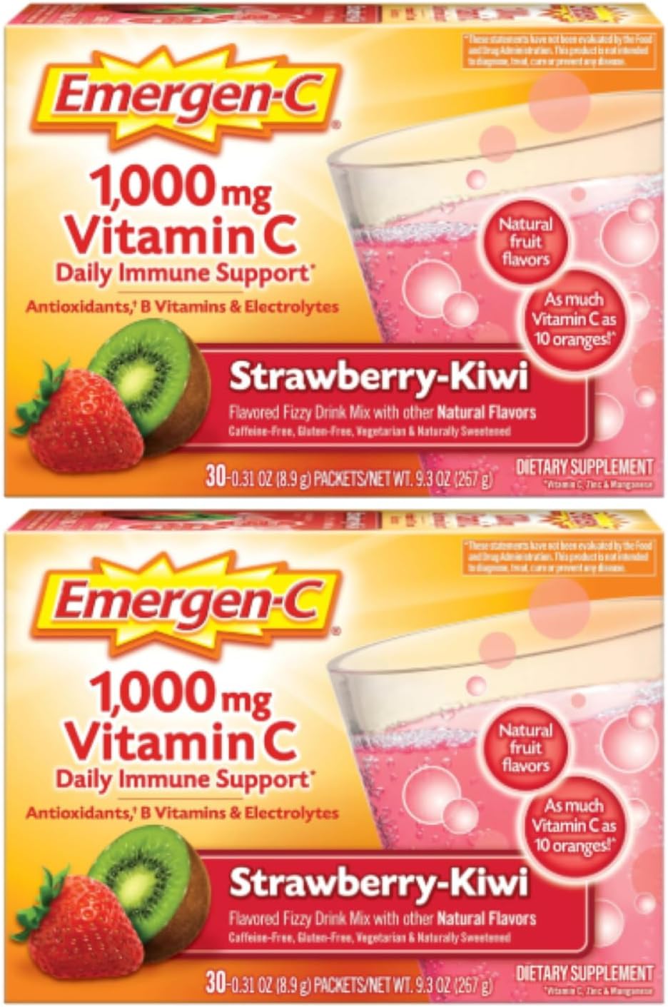 Emergen-C Vitamina C 1000mg Polvo, Sabor Fresa Kiwi, 60 Sobres