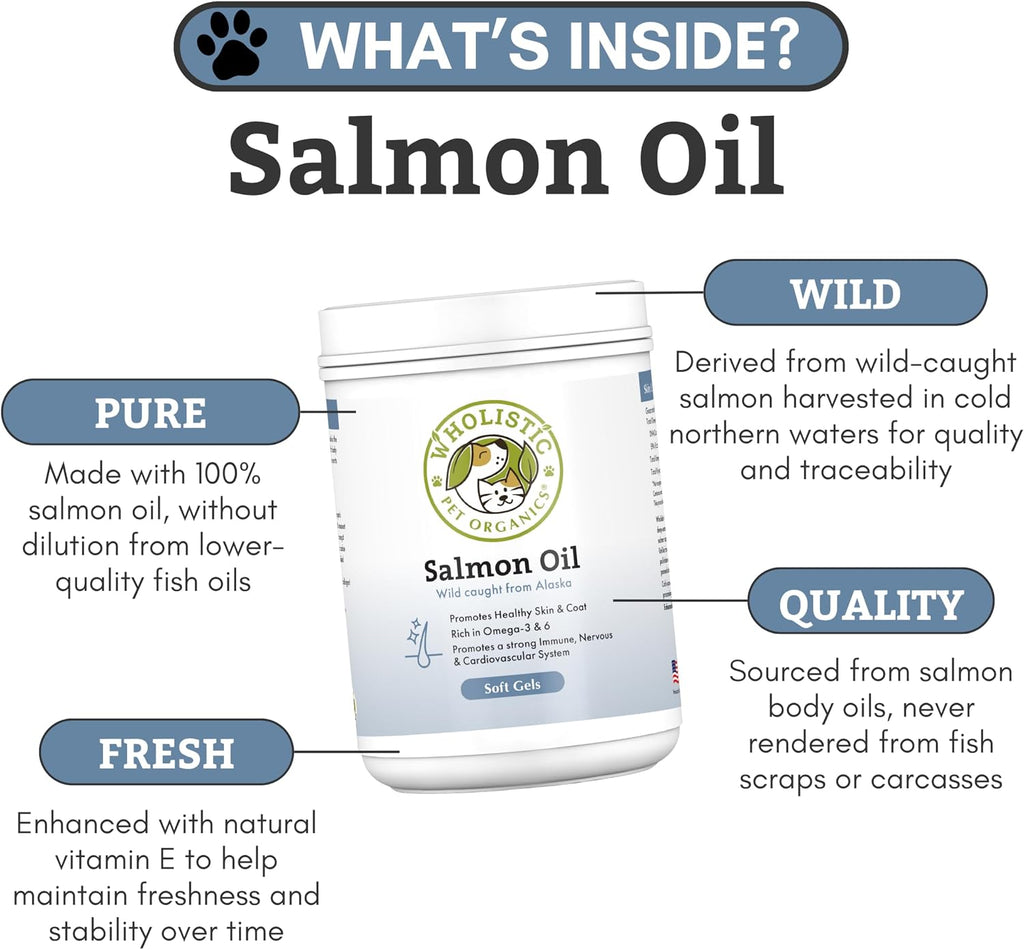 Wholistic Pet Organics Aceite de Salmón Salvaje de Alaska para Perros - Omega 3 EPA y DHA - 500 Cápsulas