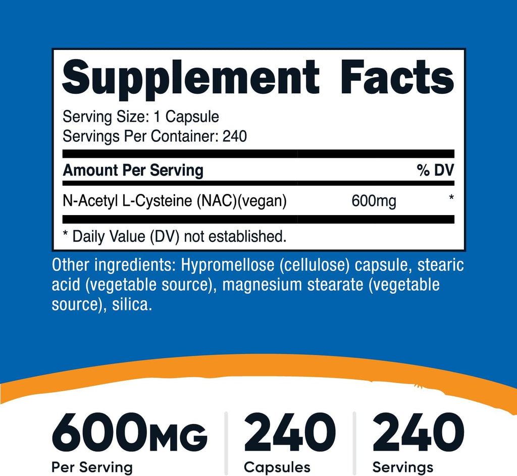 Nutricost N-Acetilcisteína (NAC) 600mg, 240 Cápsulas Vegetarianas - Vegano, Sin OGM, Sin Gluten