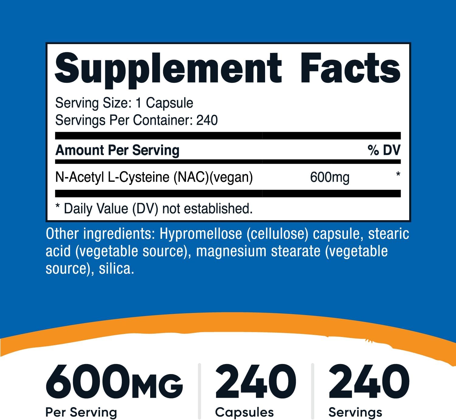 Nutricost N-Acetilcisteína (NAC) 600mg, 240 Cápsulas Vegetarianas - Vegano, Sin OGM, Sin Gluten