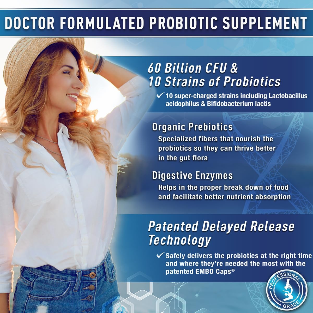 Purely Optimal Probióticos para la Salud Digestiva, 60 mil millones de UFC – Liberación retardada con enzimas digestivas y prebióticos orgánicos – Apoyo contra la hinchazón, inmunidad y energía, 30 cápsulas