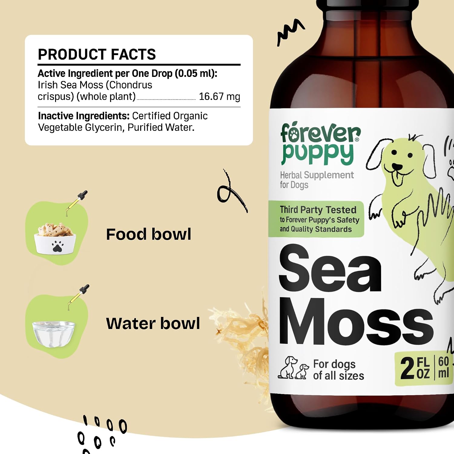 Irish Sea Moss Drops for Dogs - Thyroid Support & Energy - Nutritional Drops with Liquid Seamoss Extract - Dog Vitamins and Supplements for All Breeds & Sizes - Alcohol-Free - 59 ml