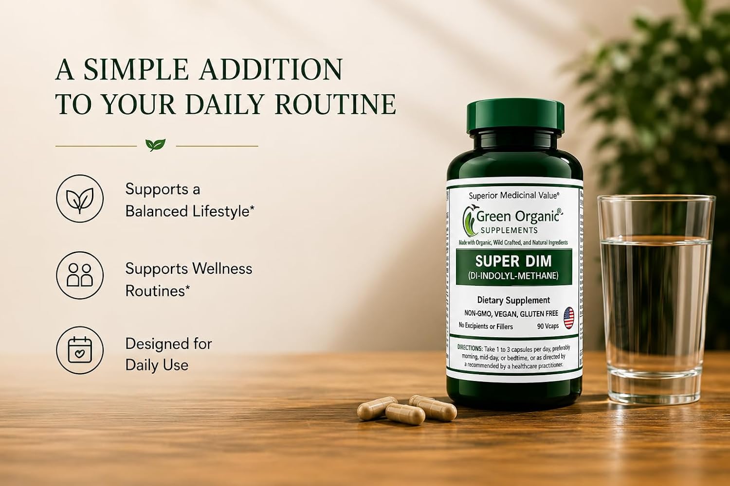 Green Organic Supplements DIM, Diindolylmethane, Indole-3-Carbinol, Brócoli, 90 Cápsulas Veganas, Alta Absorción, No-GMO, Sin Gluten