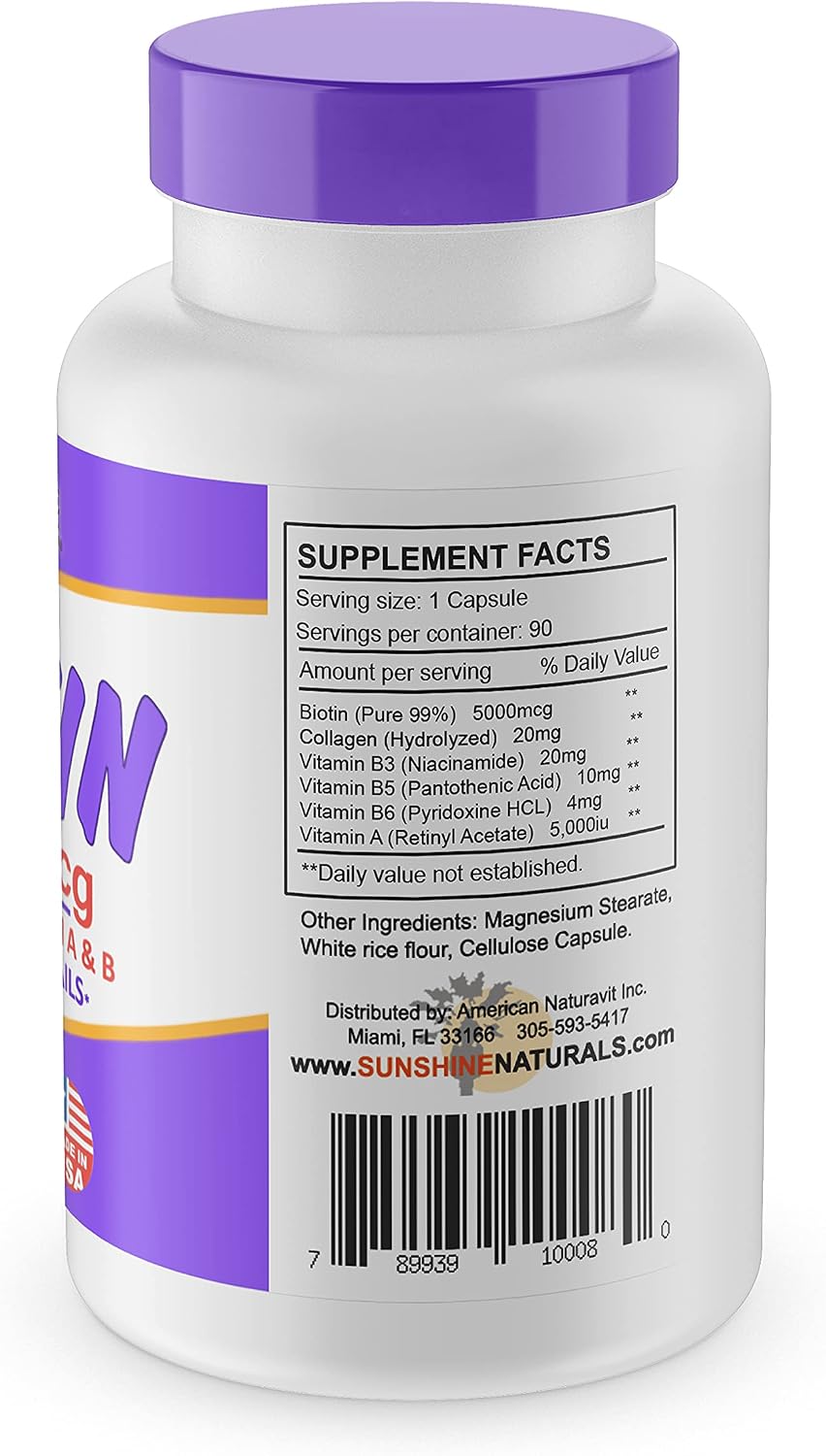 Sunshine Naturals Biotin 5000 mcg con Colágeno y Vitaminas A y B - 90 Cápsulas