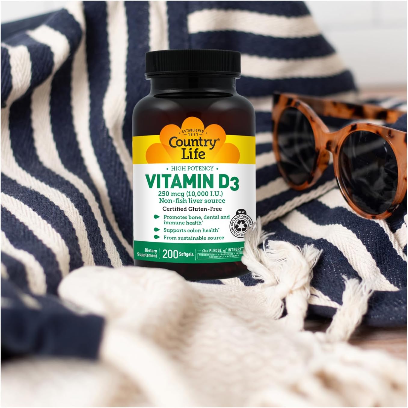 Country Life Vitamina D3 10.000 UI – Alta Potencia, Sin Pescado – Apoyo Óseo e Inmunitario – Sin Gluten – 200 Cápsulas Blandas