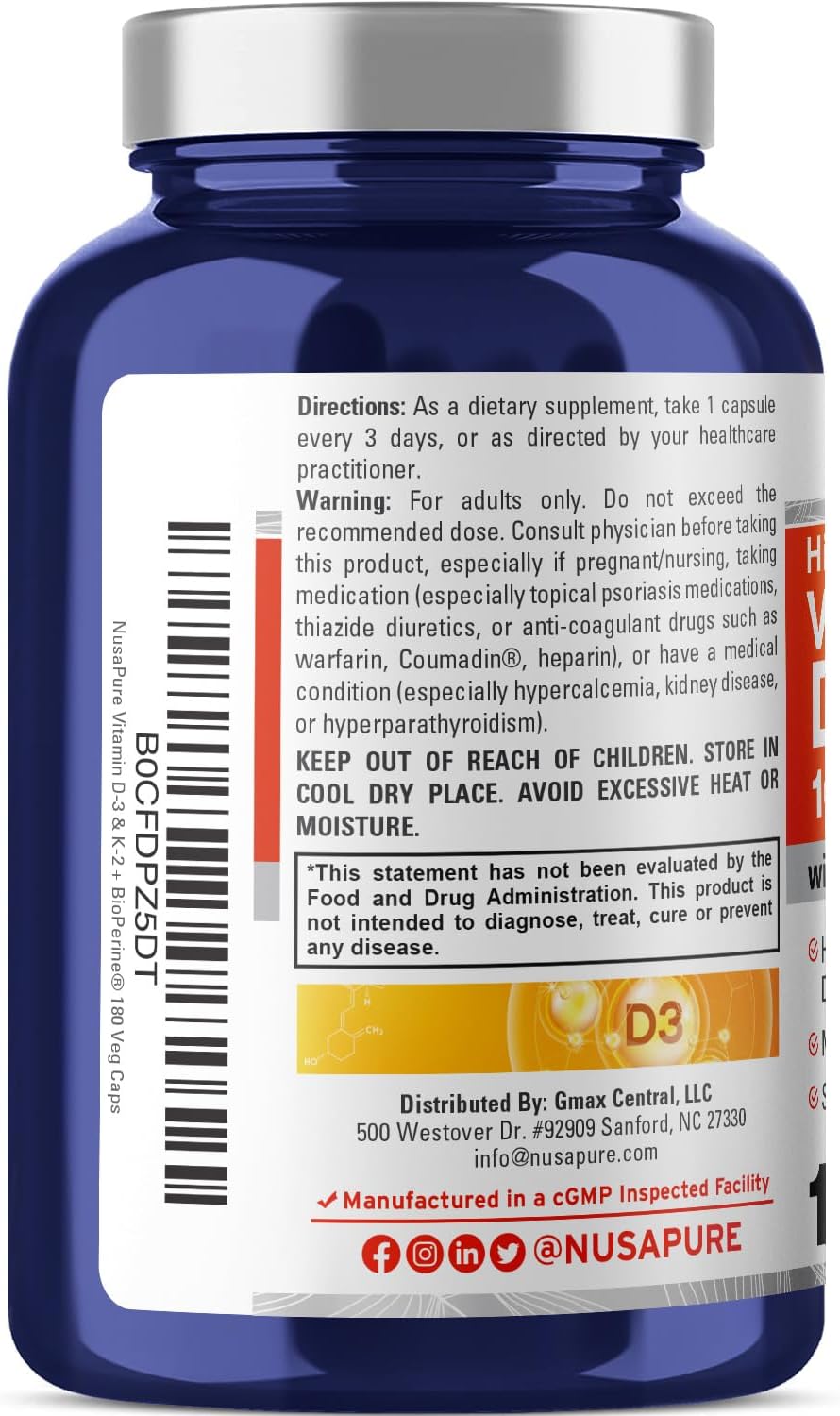 NusaPure 250 mg Vitamina D3 y 200 mcg K2 Cápsulas, 180 Cápsulas Vegetales (No GMO, Vegano)