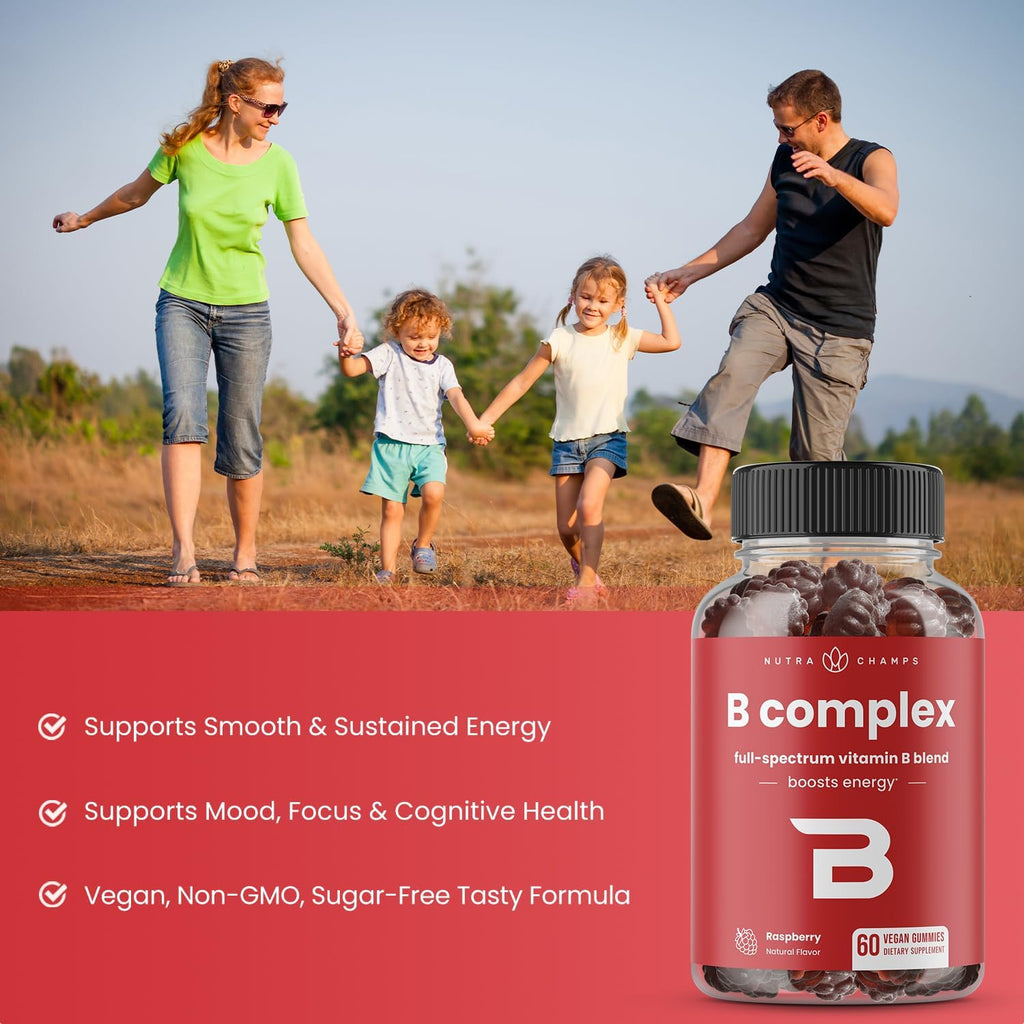 NutraChamps Complejo B en Gomitas - Vitaminas B1, B2, B3, B5, B6, B7, B9, B12 (Metilcobalamina) - Sabor Frambuesa - Vegano y Sin Gluten