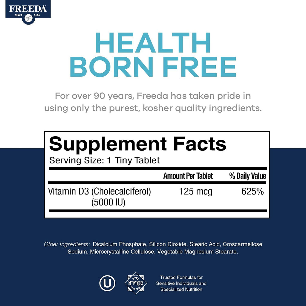 FREEDA Vitamina D3 5000 UI - Comprimidos Kosher de Alta Potencia - Salud Ósea y Muscular, Absorción de Calcio, Apoyo Inmunológico para Hombres y Mujeres* - 250 Comprimidos