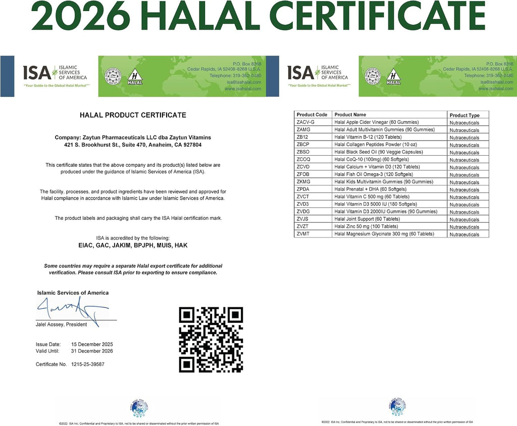 Zaytun Vitamins Vitaminas Prenatales Halal + DHA, Ácido Fólico, Hierro, Jengibre, 60 Cápsulas Blandas