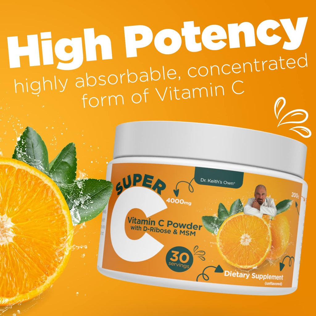 Dr. Keith's Own Super C - Vitamina C en Polvo Alta Dosis 4000mg con D-Ribosa, Glicina y MSM - Sin Sabor, 200 Gramos (30 Dosis)