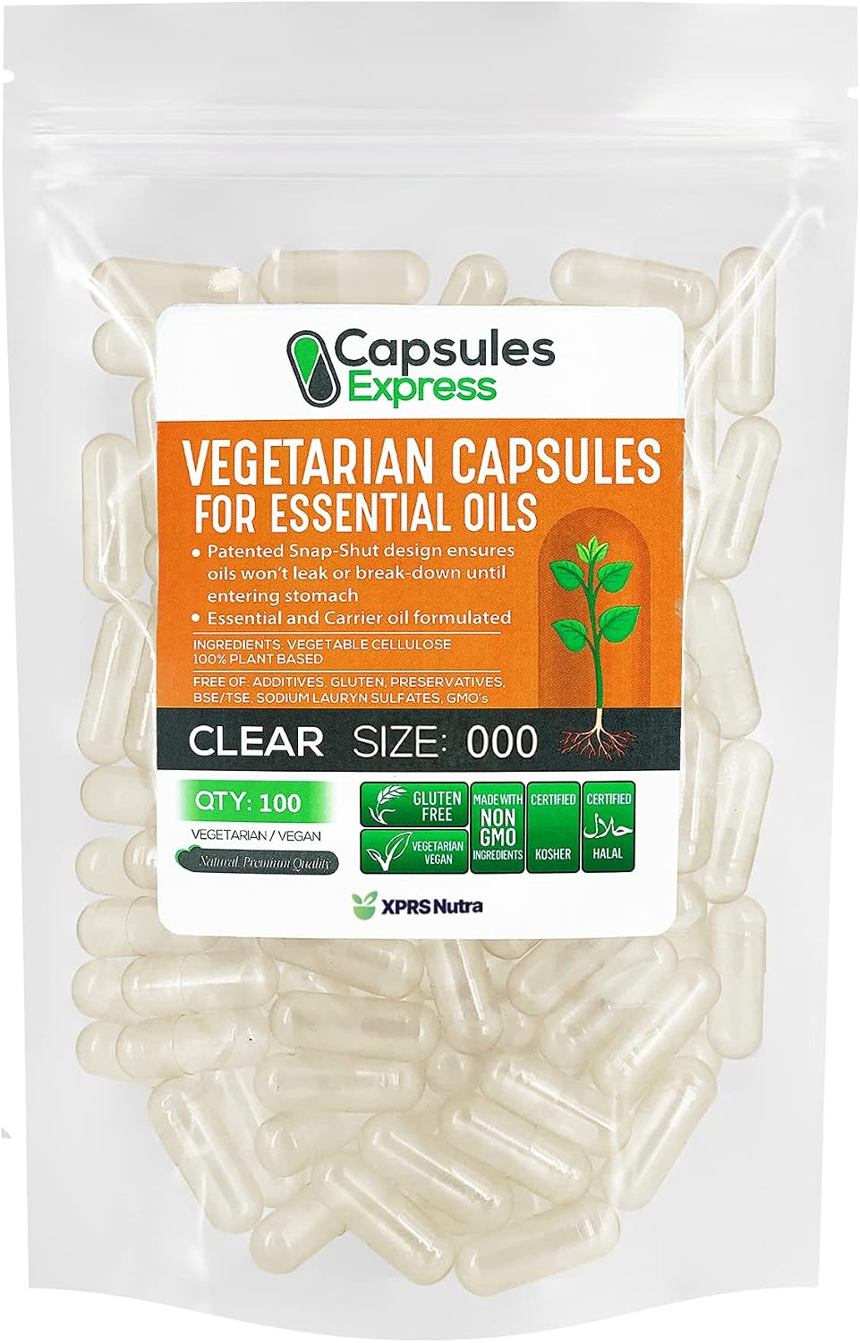 Cápsulas Vacías Veganas Tamaño 000 - 100 Unidades - Cápsulas Vegetales Transparentes para Aceites Esenciales y Suplementos - XPRS Nutra