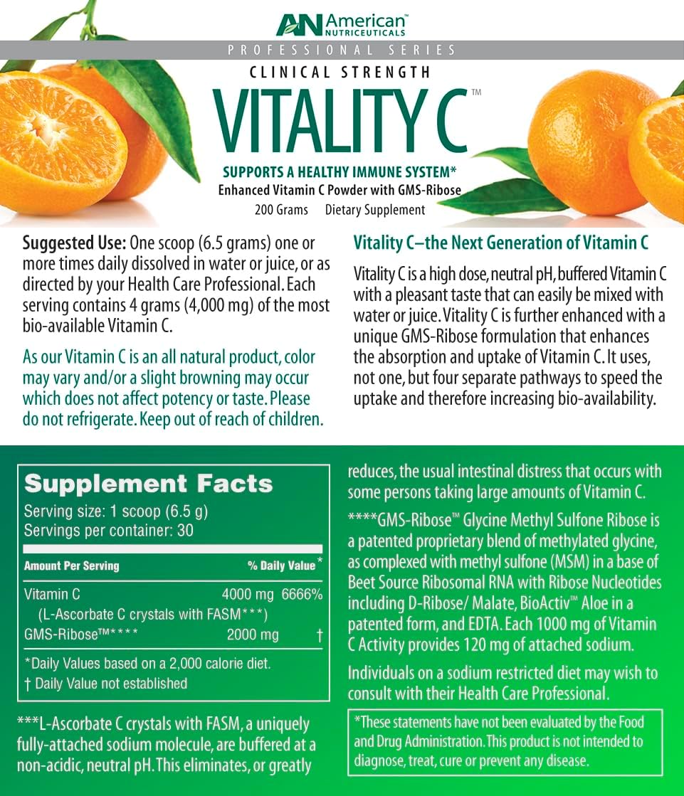 American Nutriceuticals Vitamina C en Polvo Sin Azúcar - No Ácida - 4000 mg (30 Días)