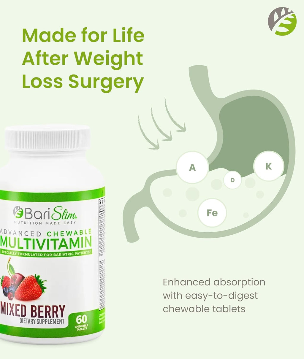 BariSlim Advanced Chewable Bariatric Multivitamin Tablets - Multivitamínico masticable para cirugía bariátrica (60 comprimidos, Sabor Berry Mix)