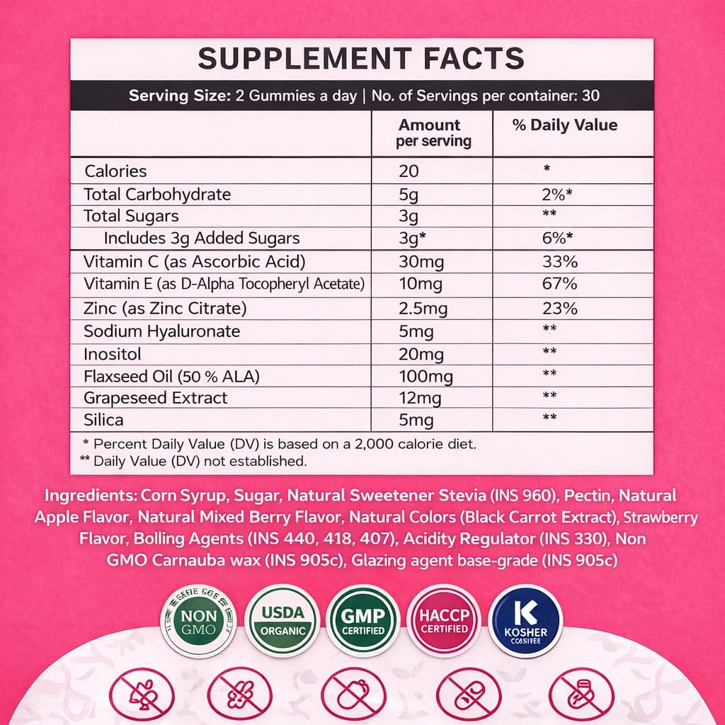 Wellrite Glow Skin Gummy Vitamins – Gominolas para la piel, 60 uds, sabor manzana, veganas