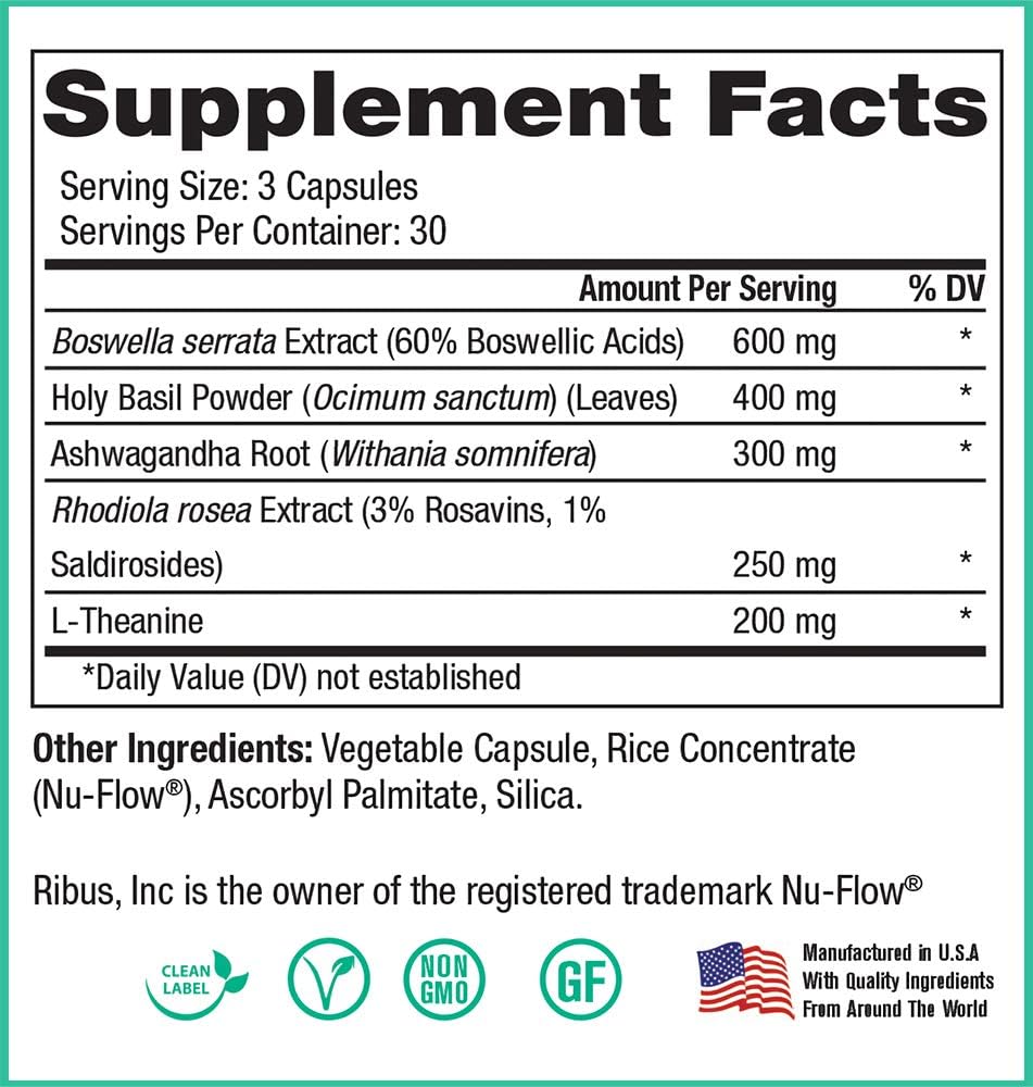 Peak Vitality Apoyo Suprarrenal con Adaptógenos - Boswellia, Albahaca Santa, L-Teanina y Ashwagandha - 90 Cápsulas