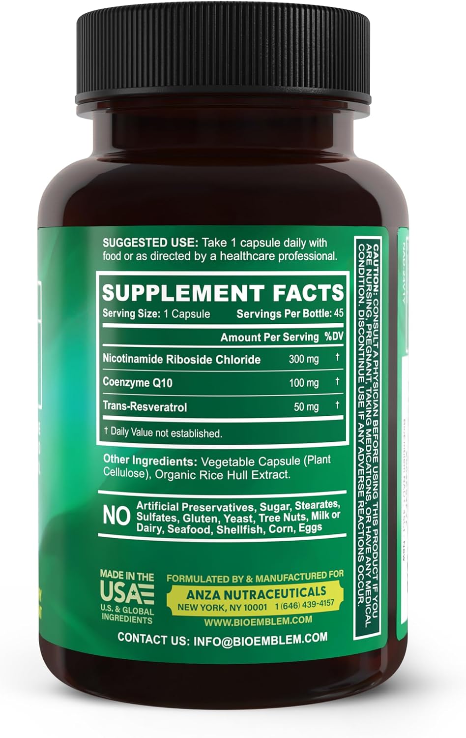 BioEmblem NAD+ Suplemento | 300 mg Nicotinamida Ribósido con CoQ10 y Resveratrol | Apoya el Envejecimiento Saludable, Energía Celular y Función Cognitiva | No OGM, Sin Gluten - 45 Cápsulas
