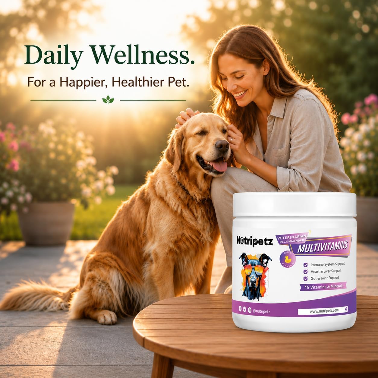 Nutripetz Suplemento Multivitamínico para Perros y Gatos, 120 Masticables Sabor Pato con Glucosamina y Probióticos