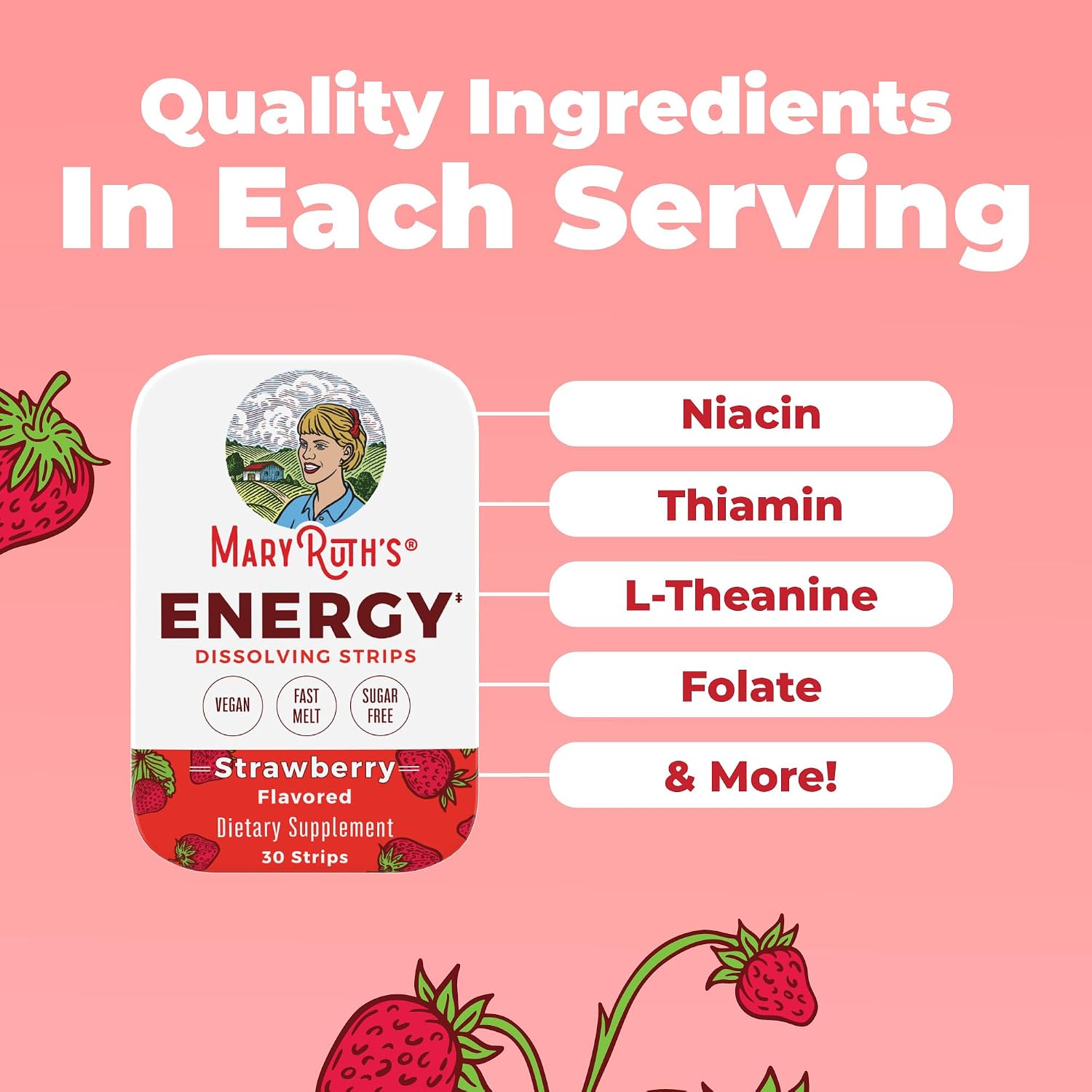 MaryRuth's Energy Dissolving Strips | B Vitamin Complex | Energy Metabolism | Vitamin B12 | Green Coffee Seed Extract | L Theanine | Strawberry Flavor | Vegan | Sugar Free | Gluten Free | 30 Count