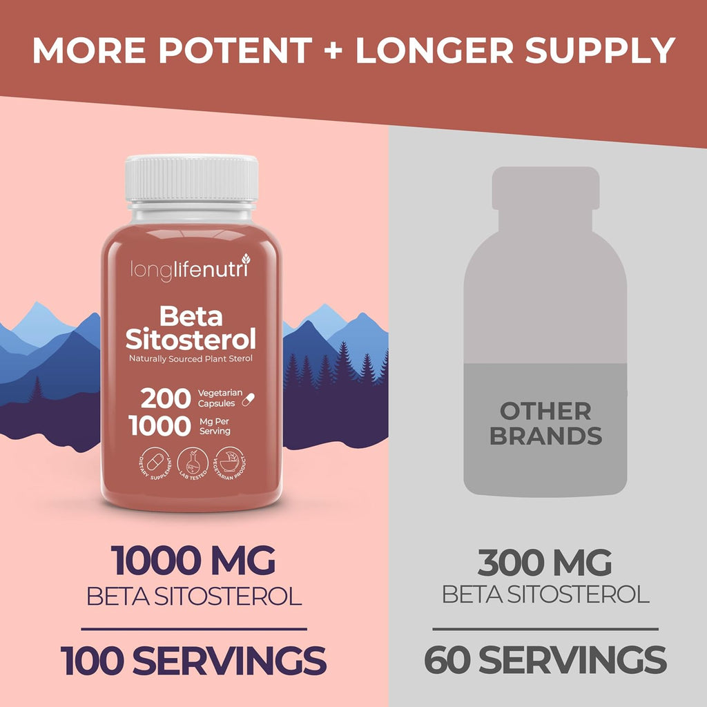 LongLifeNutri Beta Sitosterol 1000mg - Suplemento de Fitoesteroles, 200 Cápsulas Vegetarianas