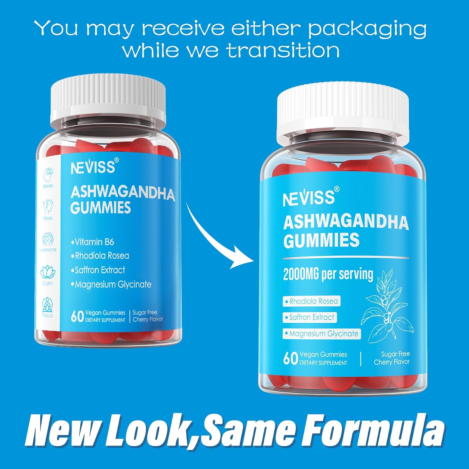 NEVISS Gominolas de Ashwagandha, Magnesio, Rhodiola Rosea y Vitamina B6 - 2000mg - Sin Azúcar