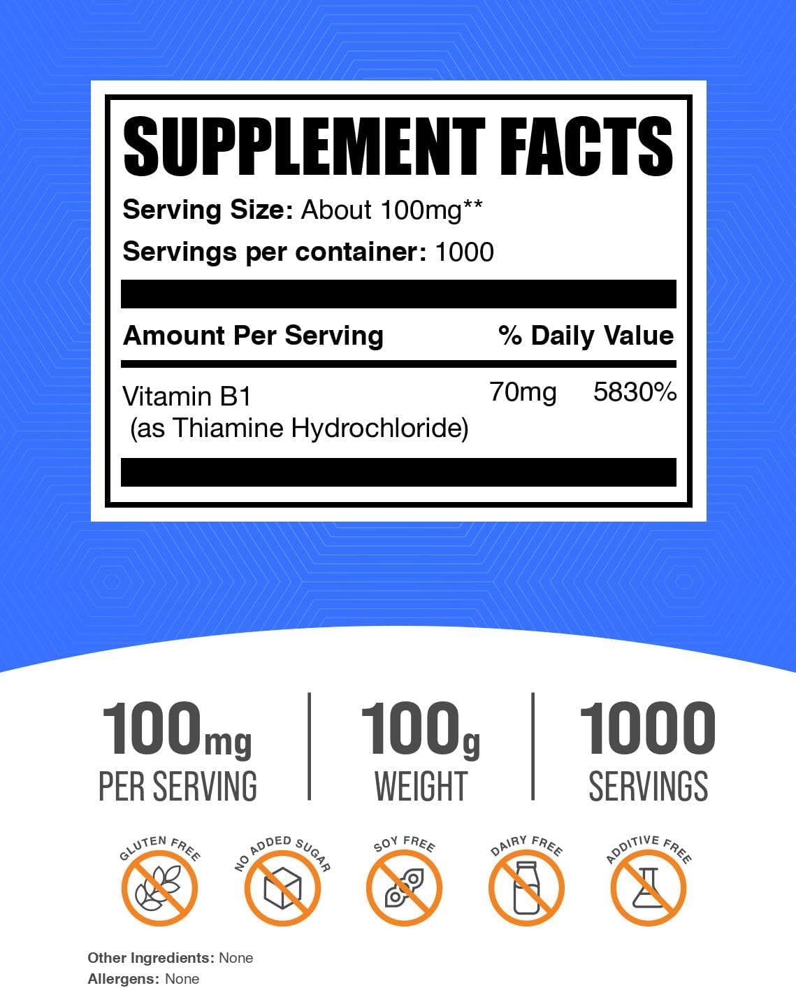 BulkSupplements Thiamine HCl Powder - 100mg per Serving, 100g (3.5 oz)