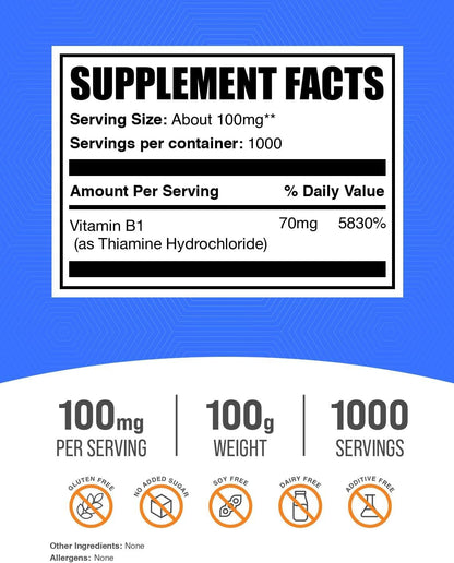 BulkSupplements Tiamina HCl en Polvo - 100mg por Ración, 100g (3.5 oz) – Image 2