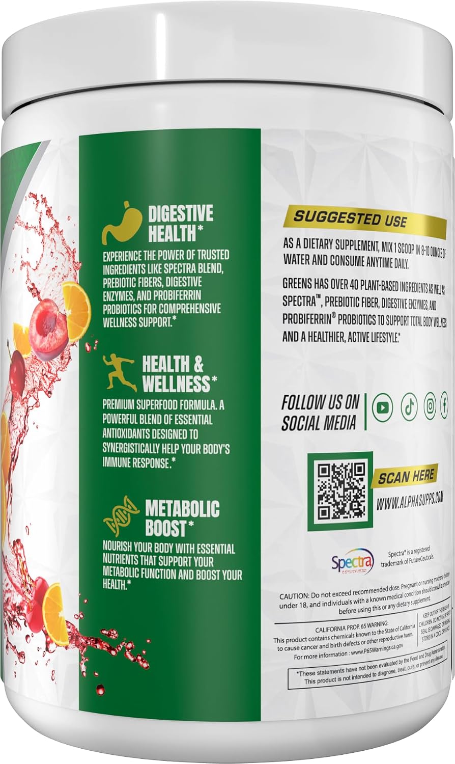 Alpha Supps Alpha Greens - Superalimento en polvo con frutas y verduras - Naranja Cereza - 30 raciones