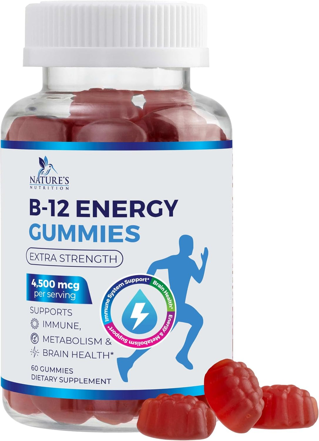 Nature's Nutrition B12 Energy Gummies - 4500 mcg Vitamina B12 - Gomitas Extra Fuertes para Energía, Metabolismo y Sistema Inmunológico - Sabor Natural a Bayas - 120 Gomitas