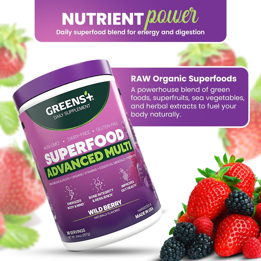 Greens+ Advanced Multi Wild Berry - Polvo de Superalimentos Orgánico con Vitaminas y Minerales, 267 g