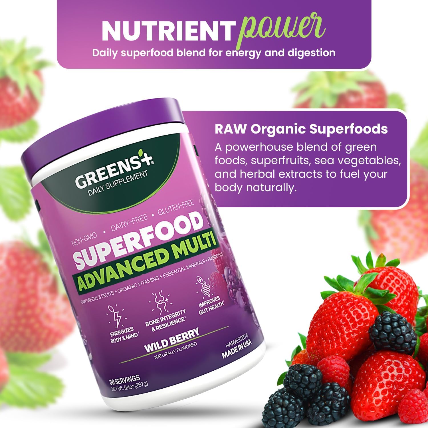Greens+ Advanced Multi Wild Berry - Polvo de Superalimentos Orgánico con Vitaminas y Minerales, 267 g