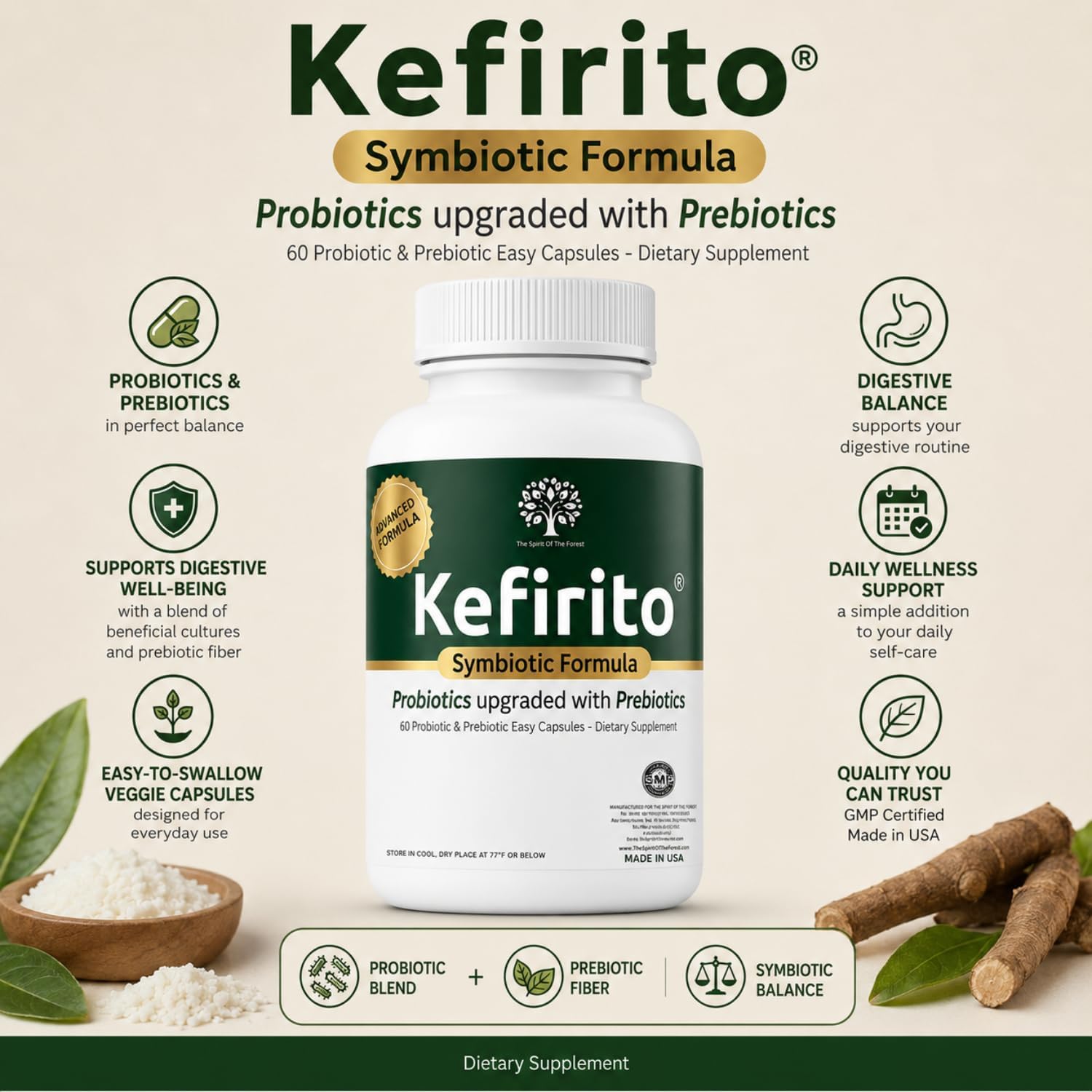 Kefirito Daily Symbiotic Formula – Suplemento Simbiótico Diario con Probióticos y Prebióticos, 60 Cápsulas