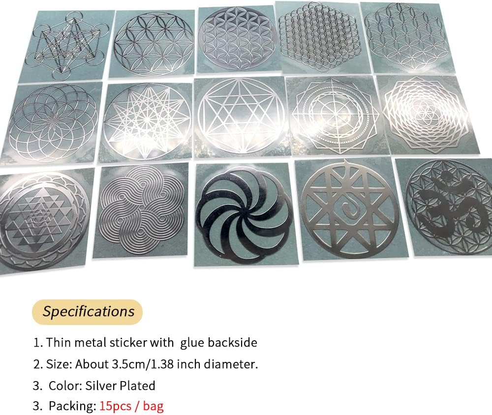 Pegatinas Metálicas de Orgonita Flower of Life - 15 Piezas (Plateado)