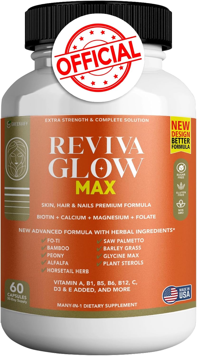 Reviva Glow Max - Apoyo para Cabello, Piel y Uñas | Biotina, Calcio, Magnesio, Folato y Mezcla de Hierbas | 120 Cápsulas, Vegano y Sin Gluten