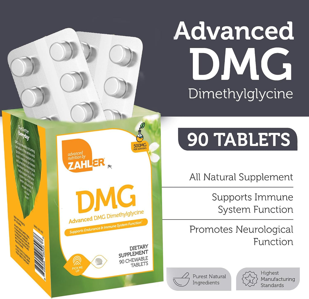 Zahler DMG 500 mg - Suplemento de dimetilglicina para resistencia y apoyo inmunológico - 90 comprimidos kosher