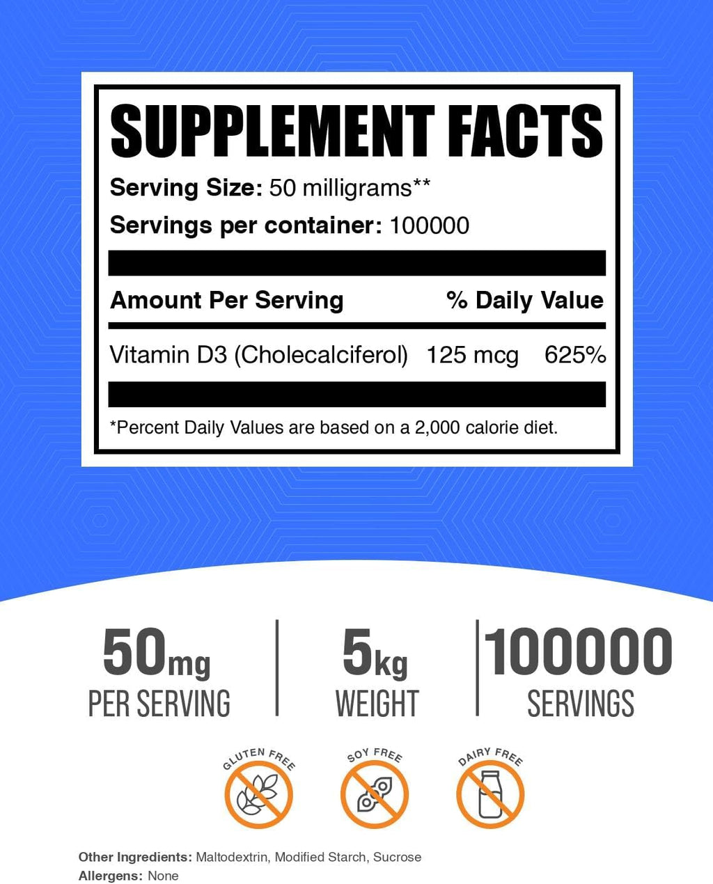 BulkSupplements Vitamina D3 en Polvo - Colecalciferol, 5000 UI por Ración, 5 kg