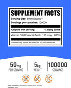 BulkSupplements Vitamina D3 en Polvo - Colecalciferol, 5000 UI por Ración, 5 kg
